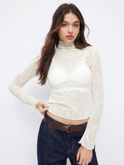 Cider - Lace Women's Sheer High Neck Full Sleeve Top Cream