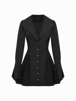 Cider - Collar V-Neck Women's Bell Sleeve Button Mini Dress Black