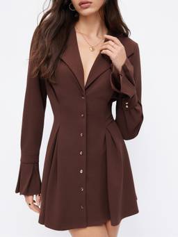 Cider - Collar V-Neck Women's Bell Sleeve Button Mini Dress Brown