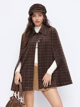 Cider - Wool-Look Women's Plaid Collared Oversized Cape Coat Brown