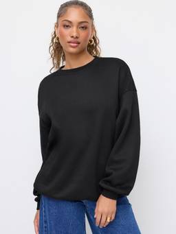 Cider - Fleece-Lined Women's Oversized Round Neck Sweatshirt Black