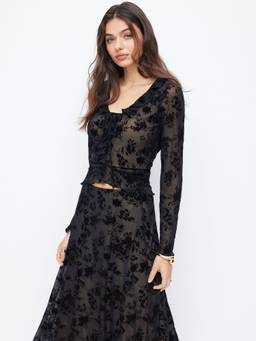 Cider - Mesh V-Neck Women’s Floral Ruffle Hem Skirt Set Black