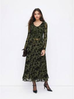 Cider - Mesh Women's Floral V-Neck Ruffle Hem Skirt Set Green