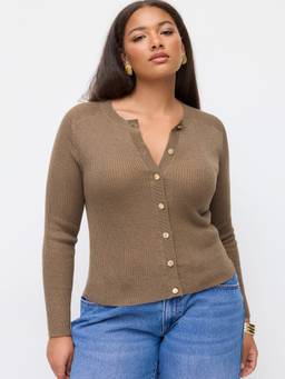 Cider - Wool-Blend Women Ribbed Metal Button Cardigan Brown