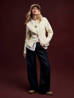Cider - Wool-Look Women Metal Button Split Hem Jacket Beige