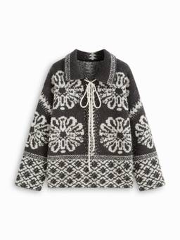 Cider - Knit Collar Women Floral Lace-Up Chunky Sweater Dark Grey