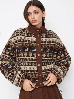 Cider - Aztec Print Women Oversized Stand Collar Button Jacket Brown