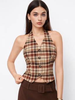 Cider - Wool Blend Women's Checked Halter V-Neck Waist Coat Khaki