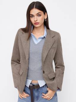 Cider - Houndstooth Women's Cinched Waist Notched Lapel Blazer Brown