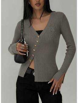 Cider - Cable Knit Women’s V-Neck Asymmetrical Button Cardigan Dark Grey