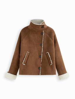 Cider - Two Way Women's Faux Shearling Funnel Neck Oversized Jacket Brown