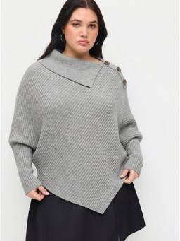 Cider - Knit Women's Asymmetrical Neck Ribbed Poncho Grey
