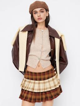 Cider - Plaid Colorblock Women's Mid-Rise Pleated Mini Skirt Brown