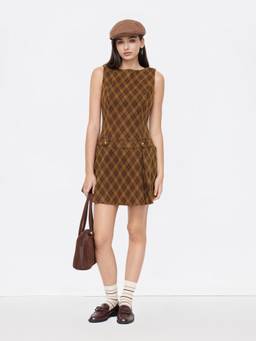 Cider - Wool-look Women’s Boat Neck Plaid Pleated Mini Dress Brown
