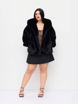 Cider - Faux Fur Women Hooded Zip-Through Oversized Jacket Black
