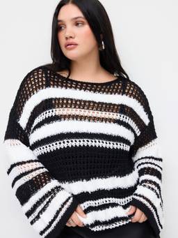 Cider - Striped Women's Sheer Hollow Out Boat Neck Oversized Top Black