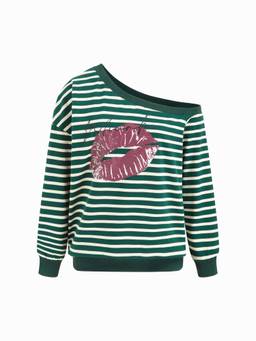 Cider - Cotton Blend Women Oversized Striped Asymmetrical Neck Top Green