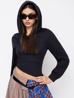 Cider - Cotton-Blend Women's Side Belted Hooded Hoodie Black