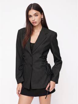 Cider - Notch Collar Women Side Tie Button Oversized Blazer Black