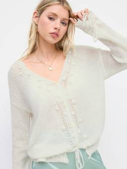 Cider - Pom Pom Knit Women's Hollow Out Oversized Top White