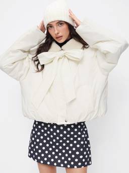 Cider - Bowknot Women's Oversized Zip-Through Cropped Puffer Jacket White