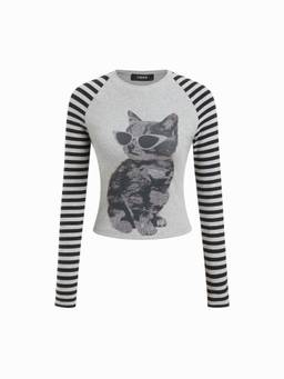 Cider - Cotton Blend Women's Cat Graphic Crew Neck Long Sleeve Tee Grey