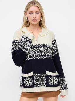 Cider - Aztec Knit Women's Half-Zip Collar Sweater Navy Blue