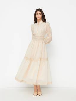Cider - Chiffon Lace Women's High Neck Cinched Waist Maxi Dress Beige