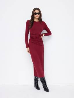Cider - Ruched Women's Round Neck Full Sleeve Bodycon Maxi Dress Burgundy