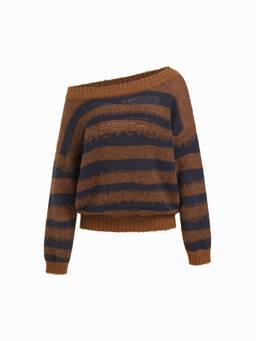 Cider - Wool-Blend Women Striped Asymmetrical Neck Oversized Sweater Brown