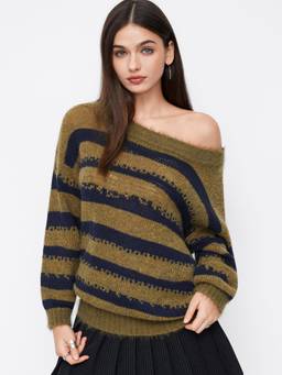 Cider - Wool-Blend Women's Oversized Asymmetrical Neck Sweater Olive