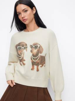 Cider - Dog Graphic Women's Oversized Knit Pullover Sweater Beige