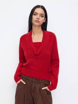 Cider - Knit Women's Oversized Cowl Neck Long Sleeve Top Red