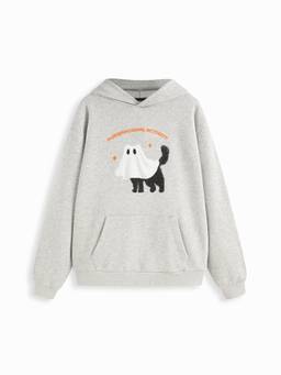 Cider - Halloween Cat Ghost Women's Oversized Graphic Hoodie Grey