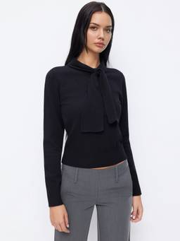 Cider - Knit Women's Tie-Up Neck Button Front Long Sleeve Top Black