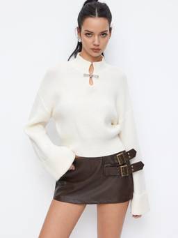 Cider - Knit Metal Detail Women’s Oversized High Neck Top Beige
