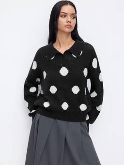 Cider - Knit Polka Dot Women’s Oversized Polo Neck Sweater Black