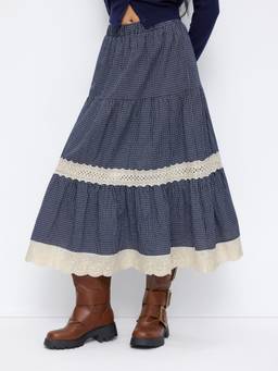 Cider - Checks Lace Trim Women's Tiered Ruffle Maxi Skirt Blue