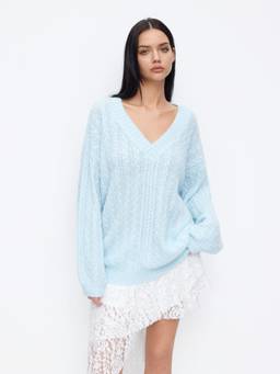 Cider - Cable Knit Women Oversized V-Neck Pullover Sweater Blue