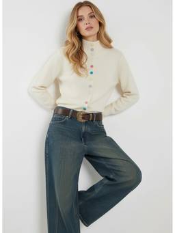 Cider - Knit Women's High Neck Button-Up Cardigan White