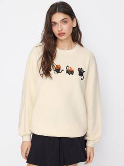 Cider - Pumpkin Cat Women's Oversized Round Neck Sweatshirt Beige