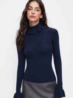 Cider - Rib Knit Women's Ruffle Turtle Neck Sweater Navy Blue