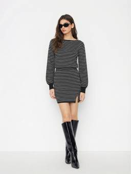 Cider - Knit Women's Striped Boat Neck Split Mini Dress Black