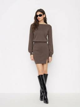 Cider - Knit Women's Boat Neck Full Sleeve Split Mini Dress Brown
