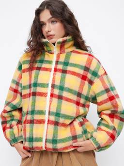 Cider - Fleece Plaid Women Stand Collar Zip Through Oversized Jacket Mocha