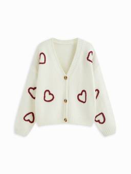 Cider - Knit Heart Women's Oversized V-Neck Button-Up Cardigan White