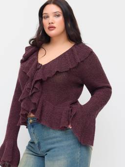 Cider - Knit Mohair-Blend Women's V-Neck Tie-Up Ruffle Cardigan Burgundy