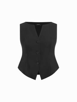 Cider - Curve & Plus Women Solid V-Neck Button Blazer Vest Black