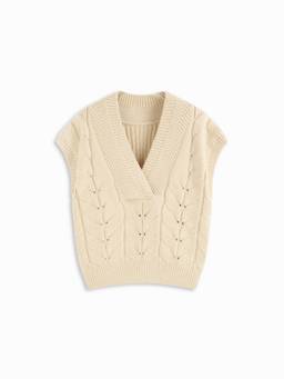 Cider - Knit Women’s V-Neck Solid Sweater Vest Beige