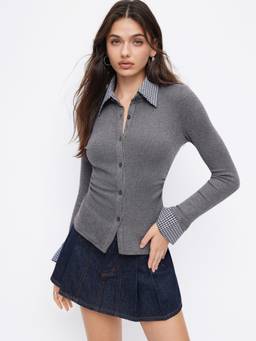 Cider - Plaid Collar Women's Ruched Button-Down Top Dark Grey
